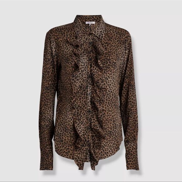 NEW Frame Leopard Print Ruffle Front Silk Blouse Size XS - Picture 2 of 7